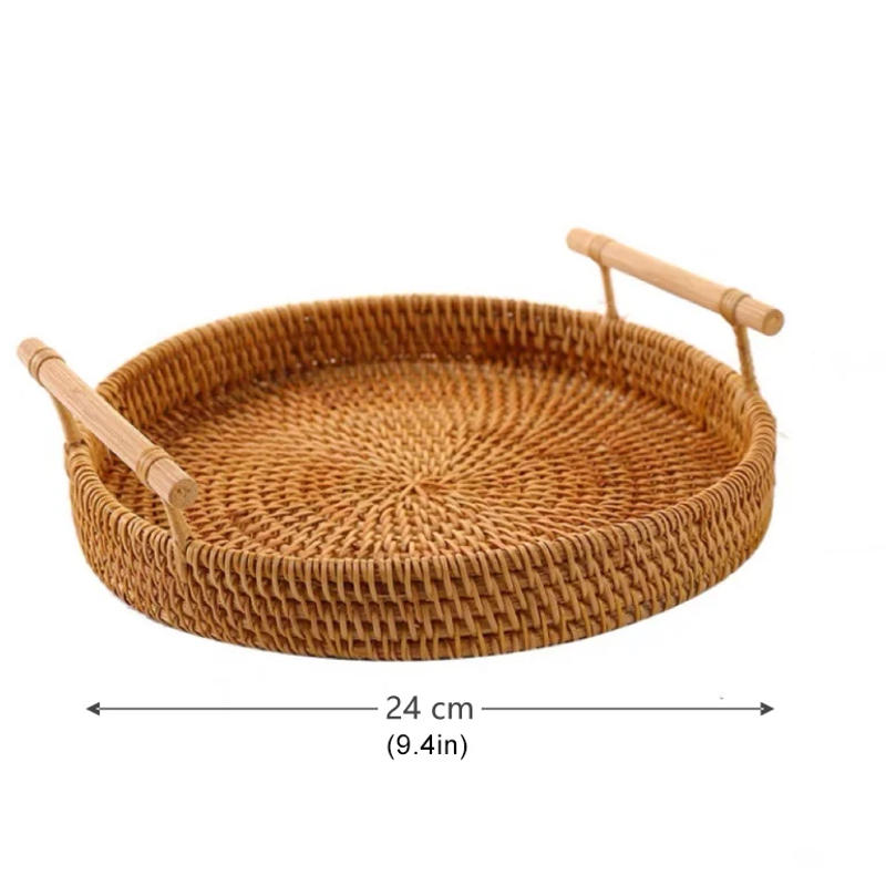 Description Picture 5 of itemRattan Tray Round Storage Basket Tray With Wooden Handle Bread Fruit Cake Food Plate Serving Tray for Home kitchen