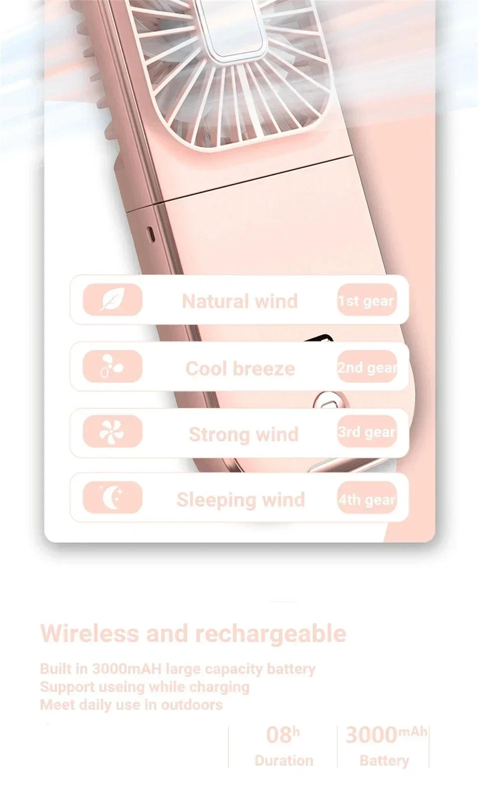 Description Picture 4 of item3000mAh Battery Powered Mini Portable Outdoor Handheld Fan Neck Fan USB Rechargeable 180° Folding Wireless Desktop Air Cooling