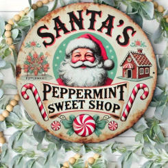 Round  Flat Print Metal Signs, Antique Santa's Mint Sweet Shop Wreath Signs, Home Gifts Window Decor, Porchï¼ŒHome and Dorm Decor