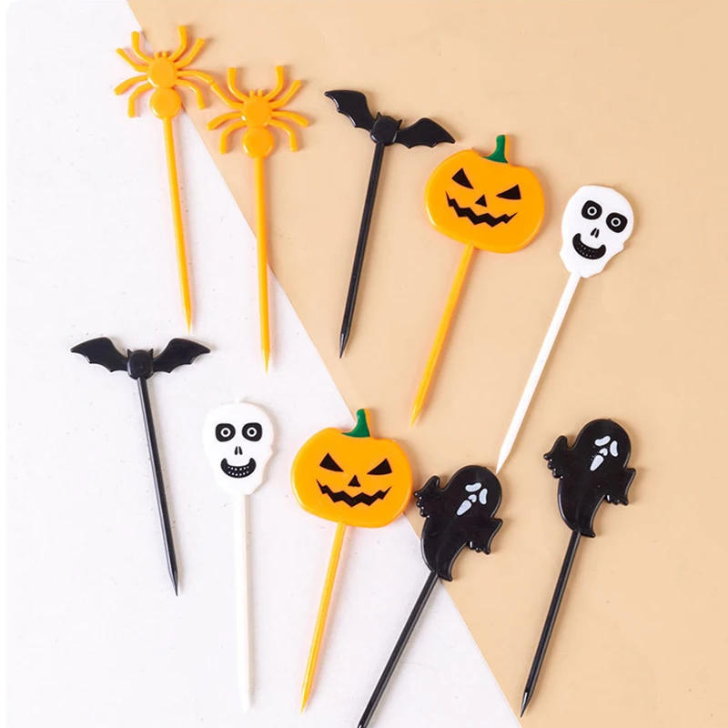 Description Picture 6 of item10pcs Halloween Fruit Fork Cartoon Children Cake Dessert Pick Toothpick Lunch Pick Food Fork Bento Party Decoration Random Style