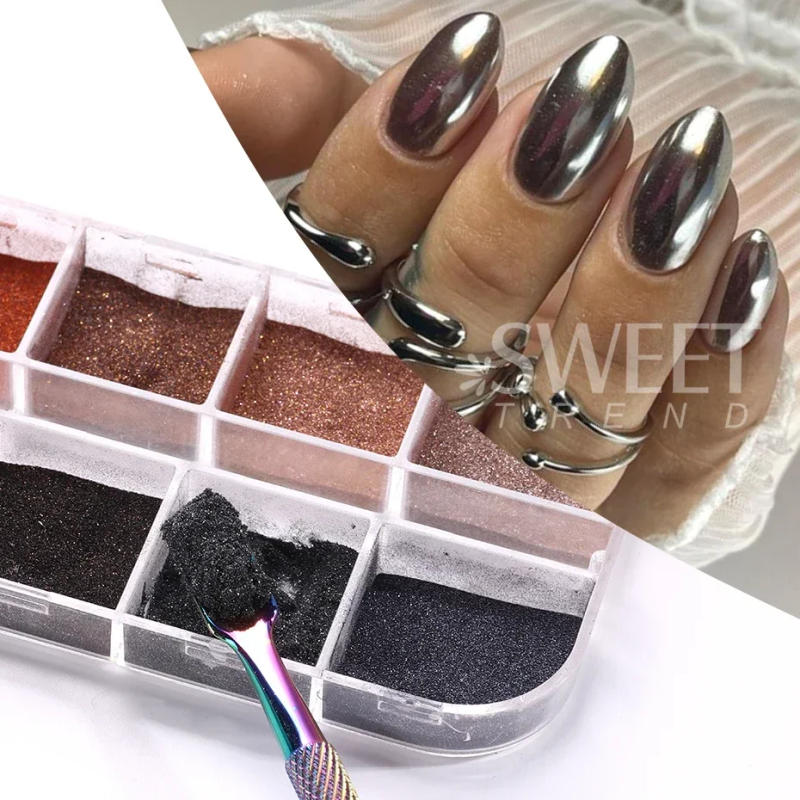Description Picture 5 of item12 Grids Autumn Winter Color Dark Nail Glitter Pigment Magic Mirror Brown Silver Gold Rub Powder Gel Polish Dust Manicure Decor