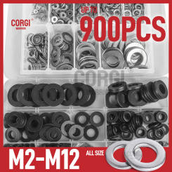 260-900 Pieces Stainless Steel and Black Steel Flat Washers Assortment Kit M2 M2.5 M3 M4 M5 M6 M8 M10 M12 Sizes 9 Lock Washer