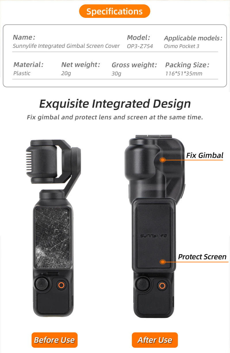 Description Picture 3 of itemFor DJI Osmo Pocket3 Integrated Gimbal Lens Screen Protector Anti-drop Anti-Scratch Silicone Protective Cover Accessories Set