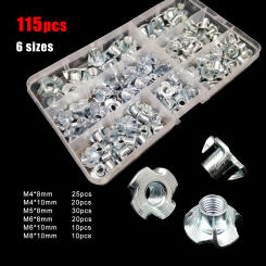 115pc M4 M5 M6 M8 Thickened Carbon Steel Wood Furniture Bed Cabinet Table Sofa Four Claws Speaker Blind Insert T Nut Kit Set Box