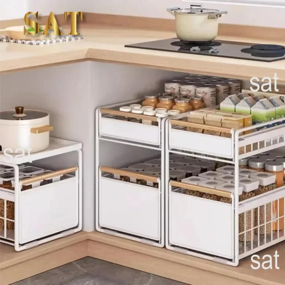 Description Picture 2 of itemUnder Sink Organizer Metal Kitchen Pull-Out Layered Racks 2-Tier Basket Drawer Cabinets For Bathroom Sink Storage Shelf Cabinet