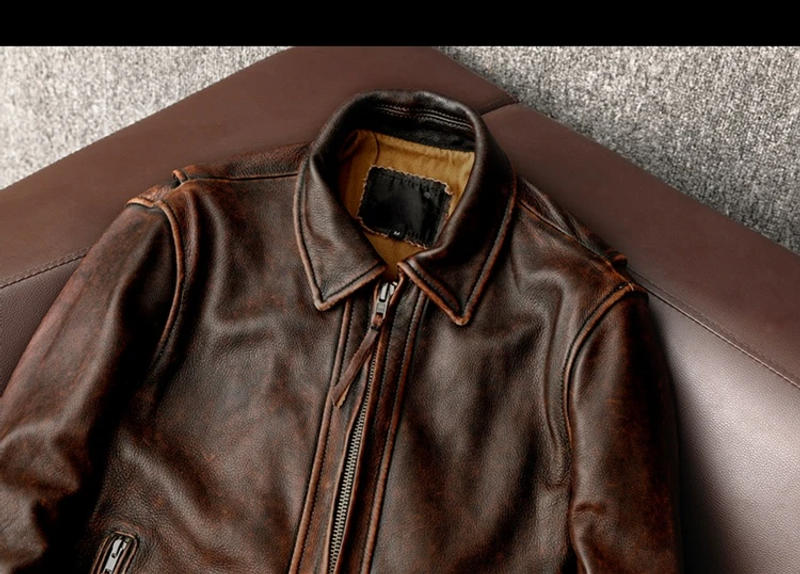 Description Picture 4 of itemNew Style Genuine Leather Jacket Vintage Brown Cowhide Coat Men Slim Fashion Biker Jacket Asian Size 6XL Factory Drop Shipping