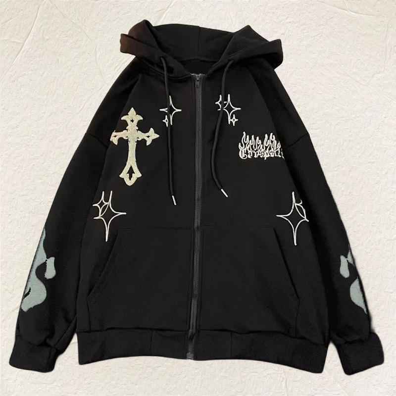 Description Picture 3 of itemEurope and the United States Autumn and Winter Hoodie Embroidered Cross Fire Jacket Plus Cashmere Lovers Loose Sweater