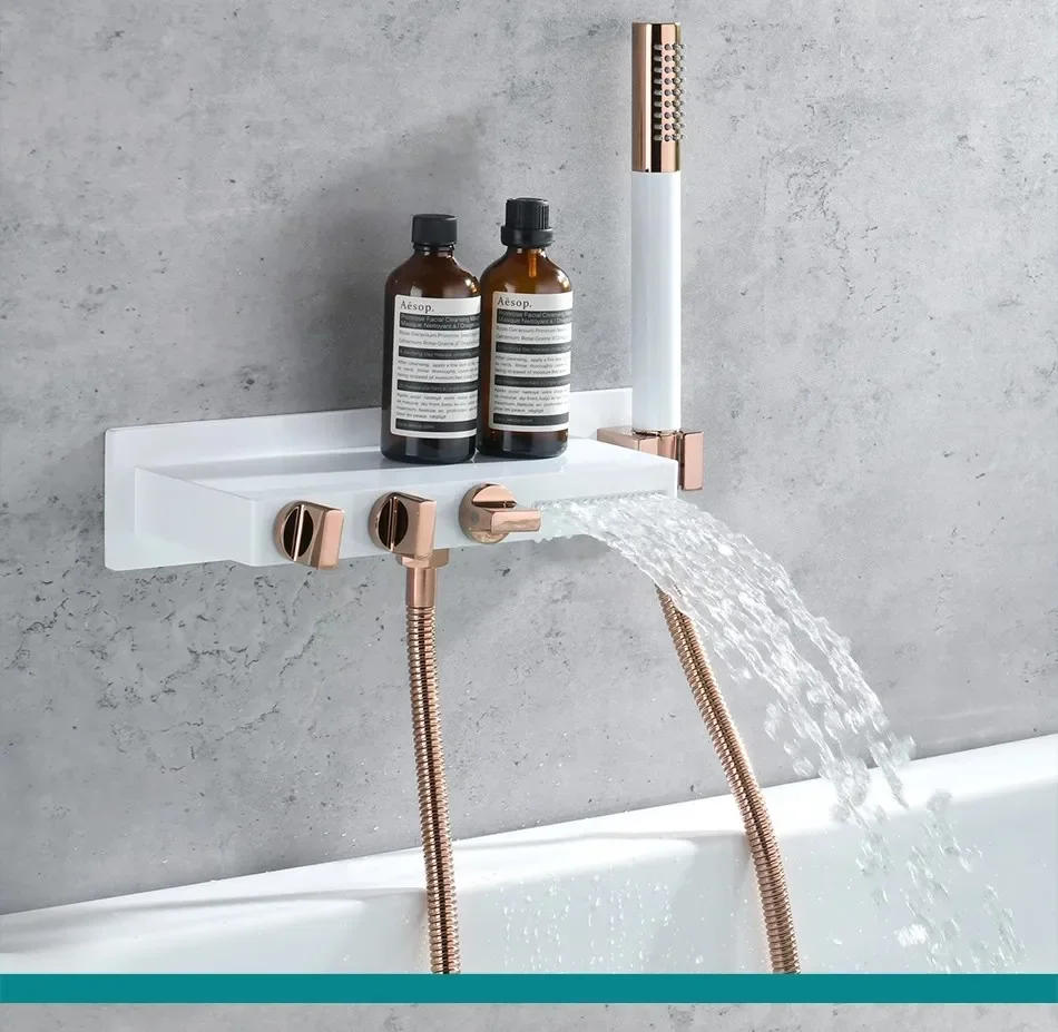 Description Picture 3 of itemFaucet Set Bathroom Wall Mounted White Rose Gold Solid Brass Big Plate Bathtub Waterfall Shower Set Newly