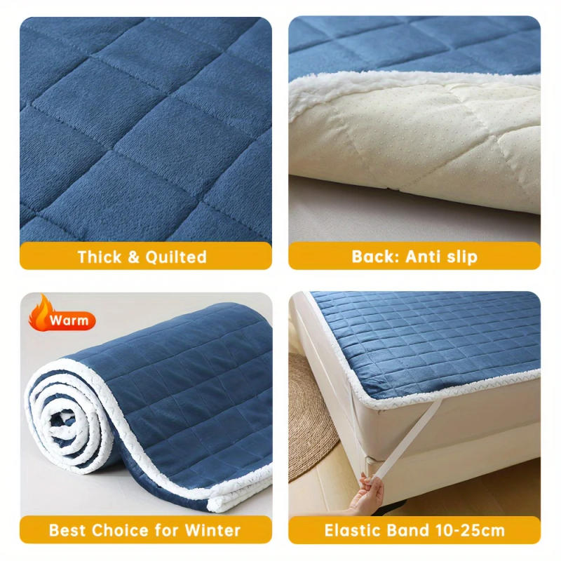 Description Picture 4 of item1pc Velvet Quilted Mattress Topper with Elastic Band, Thickened Warm Non-Slip Mattress Cover for Bed Sleeping, Camping, Floor
