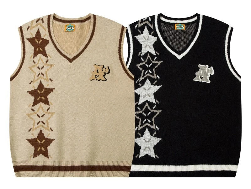 Description Picture 3 of itemJapanese V-neck Sleeveless Sweater Men Star Print College Style Casual Knitted Vest Women Harajuku Loose Pullover Jumpers Winter