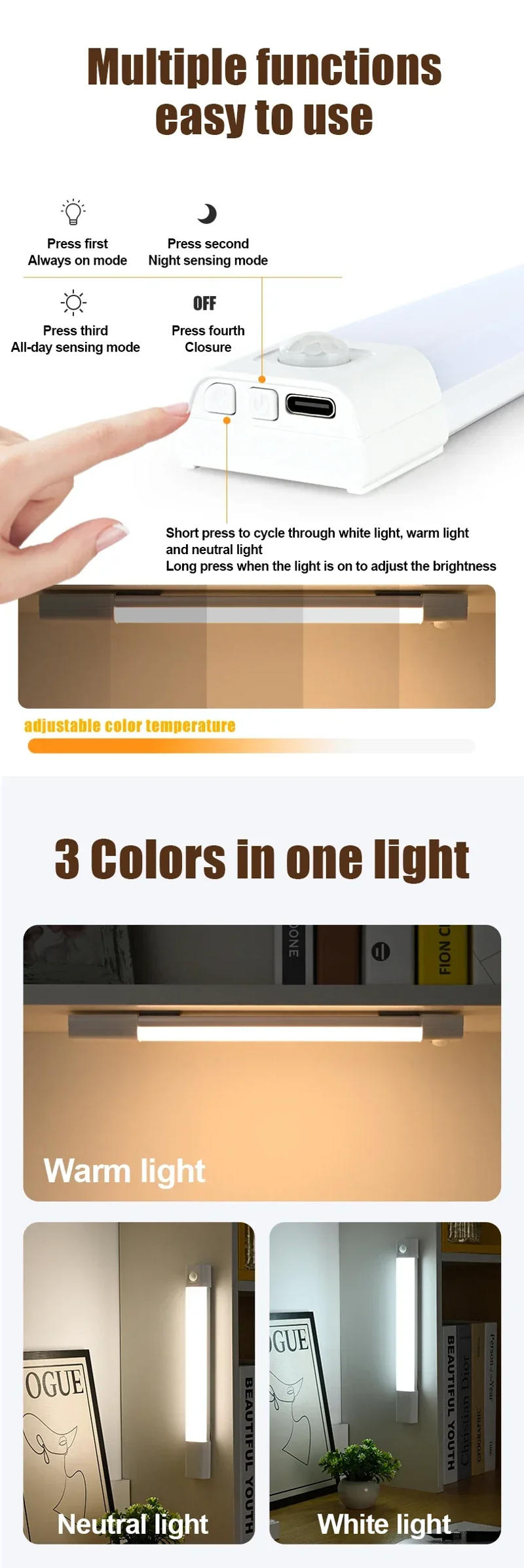 Description Picture 4 of item3-in-1 LED Night Light Motion Sensor Under Cabinet Lights Wireless USB Rechargeable Lamp Dimmable Lamps Kitchen Staircase Wardro