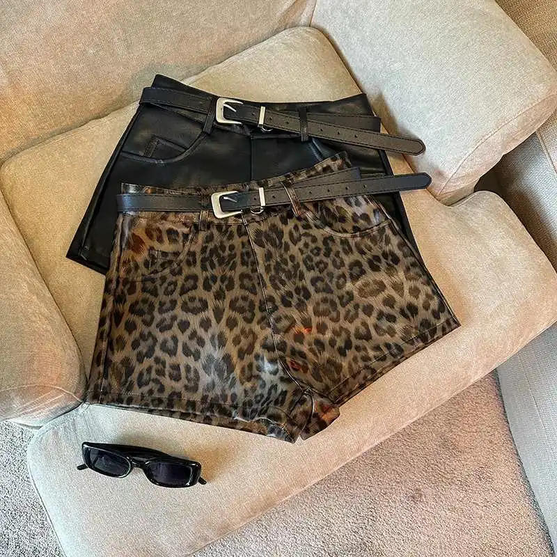Description Picture 4 of itemSexy Leopard Print PU Leather Shorts Women Black High Waist Leather Shorts with Belt