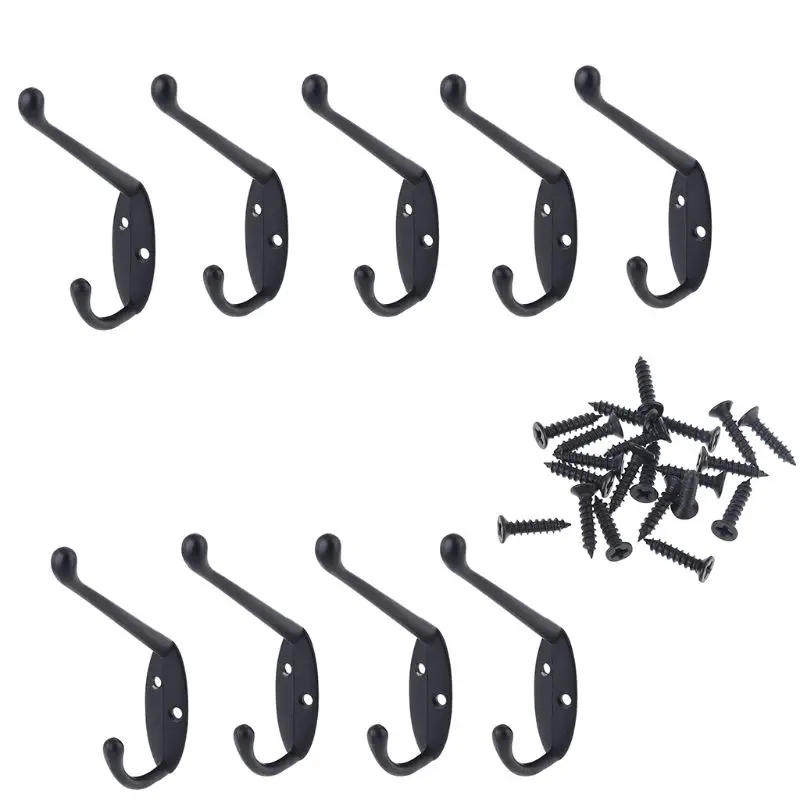 Description Picture 2 of item9 Pack Coat Hooks Wall Hooks Heavy Duty Wall Mounted For Hat Hardware Dual Prong Retro Coat Hanger With 20 Screws (Black/Gold)