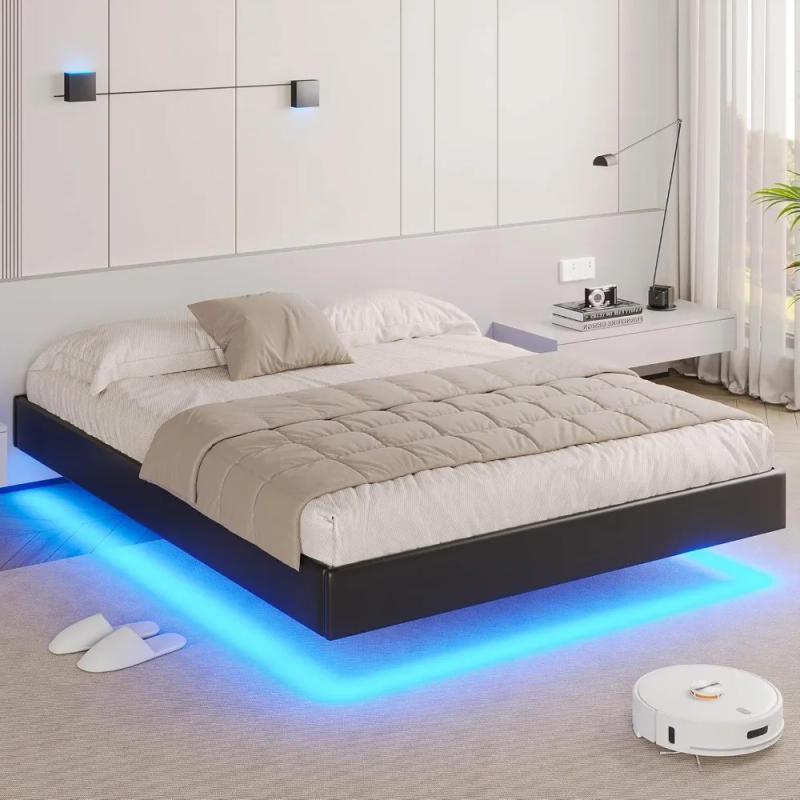 Description Picture 2 of itemFloating Bed Frame with LED Lights Modern Upholstered Platform Bed Frame no Headboard Faux Leather Queen Led Visual Floating Bed