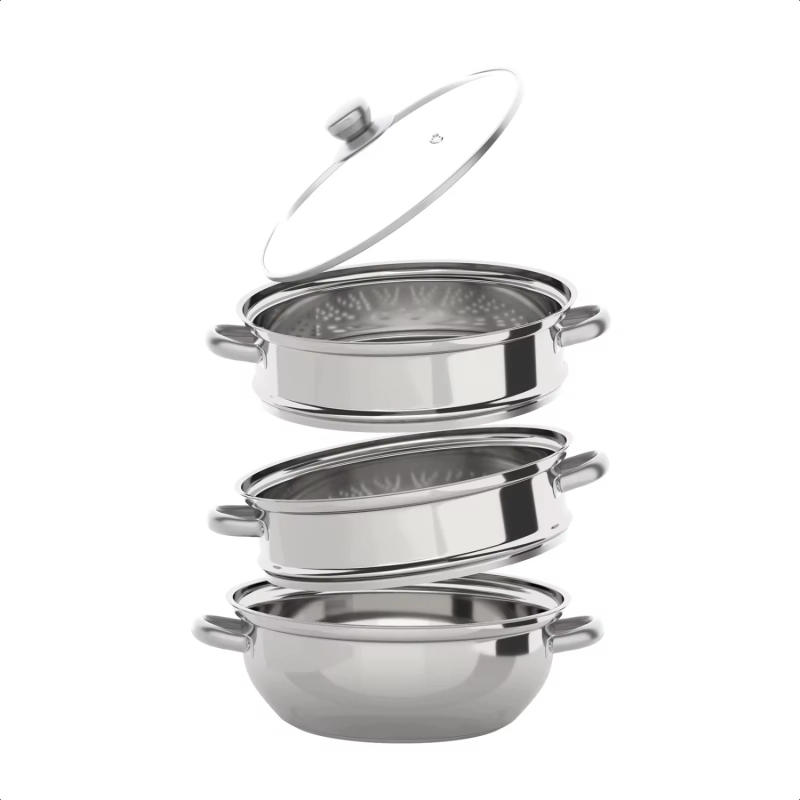 Description Picture 2 of item3-Tier 28CM Stainless Steel Steamer Food Cooking + Glass Lid Cookware Pot Set Silver Hot Pot Steamer Veg Cooker