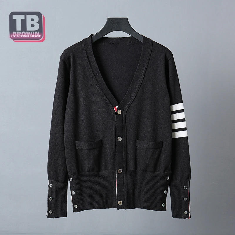Description Picture 5 of itemTB Men's Wool Sweater brand Autumn and Winter thom 4 Bar Stripes New Floral Cardigan V-neck Luxury Casual