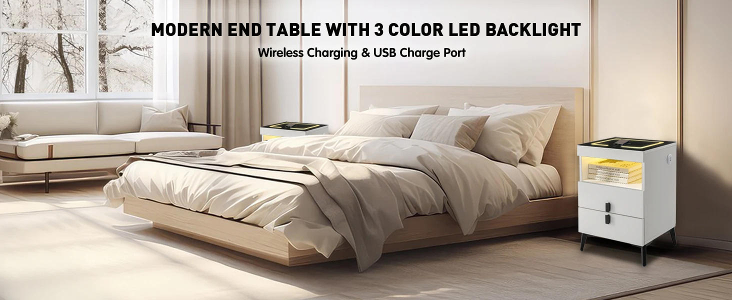 Description Picture 2 of itemNightstand Wireless Charging Station & USB Type C Ports, Minimalist Night Stand with LED Light 3 Colors & Adjustable Brightness