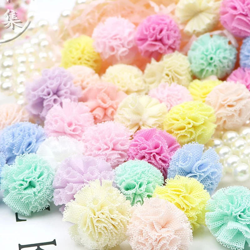 Description Picture 3 of item20mm Lace Gauze Pompones Elastic Flowers Pompoms Ball Mesh Pendant for Hair Clip DIY Crafts Garment Decor Sewing Accessories