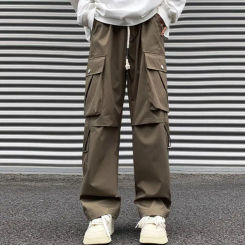 Men Drawstring Waist Pants Men Cargo Pants High Street Style Men's Cargo Pants with Wide Leg Elastic Waist Multi for Streetwear