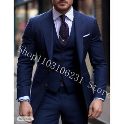 Navy Blue Suits for Men Slim Fit Wedding Tuxedos Formal Business Mens Blazer Vest Pants 3 Pieces Tailor-made Suits Costume Homme