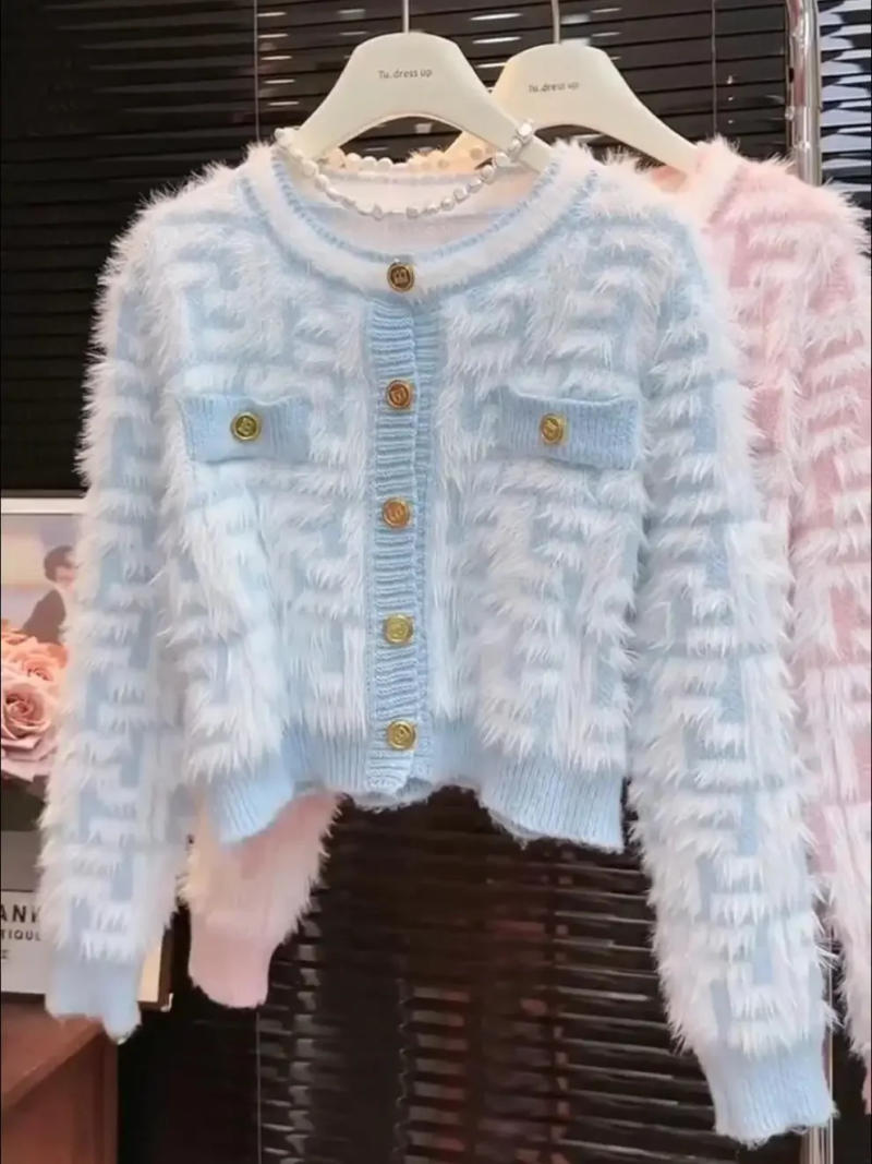 Description Picture 5 of itemGentle Style Women's Autumn/Winter 2023 New Knit Top Cropped Petite Sweater Cardigan Mimic Mink Coat For Pullovers