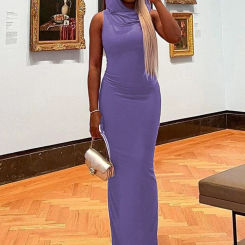 Hugcitar Solid Hoodies Sleeveless Slit Sexy Slim Maxi Dress 2023 Summer Women Fashion Y2K Clothes Streetwear Party Casual Biker