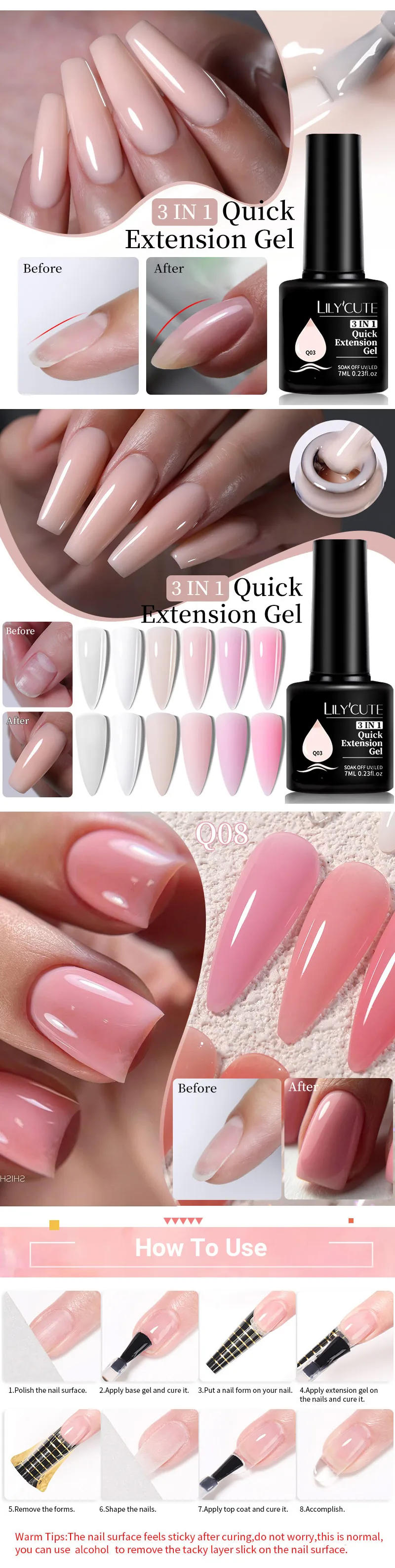 Description Picture 3 of itemLILYCUTE 7ML Nude Pink Quick Extension Gel Nail Polish Milky Clear Sturcture Hard Enhanced Construction Gel Nail Art Manicure