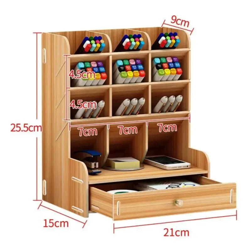 Description Picture 4 of itemWooden Desk Organiser DIY Desktop Tidy Pen Holder Large Capacity Stationery Storage Box with Drawer for Home Office and School