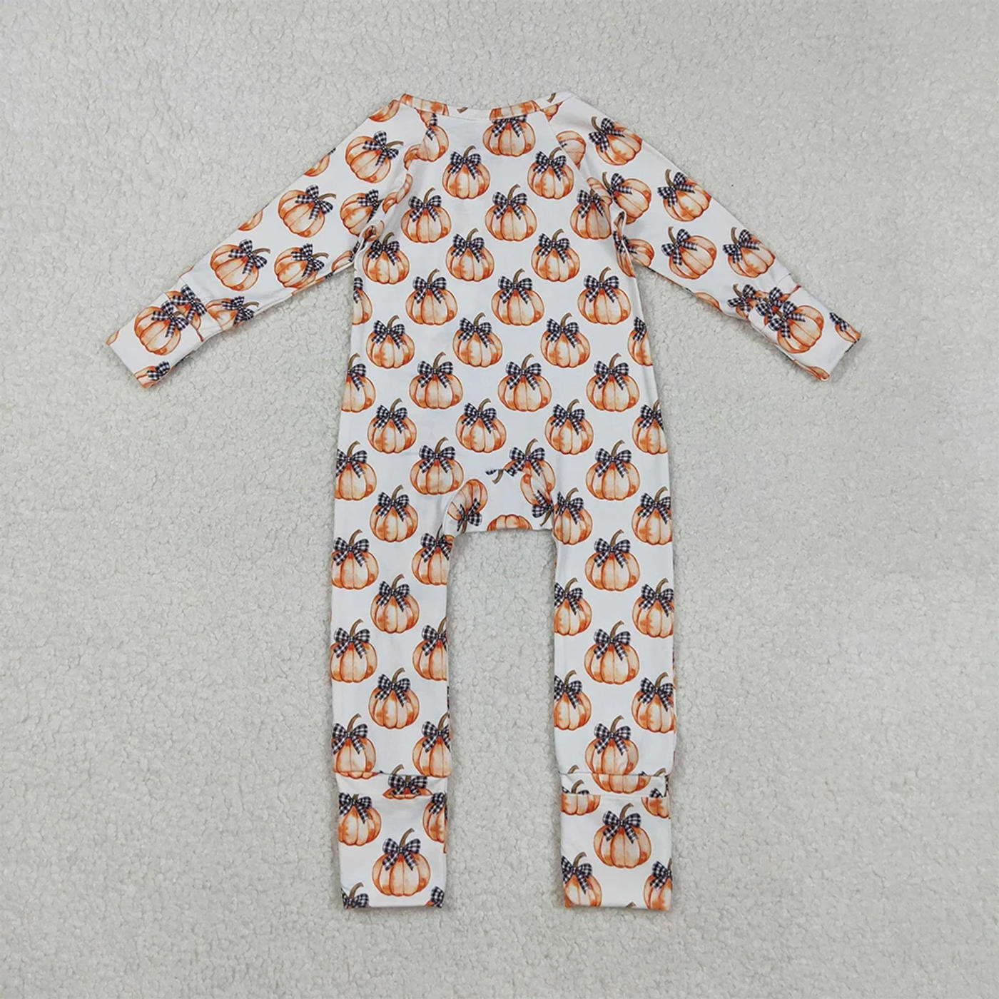 Description Picture 4 of itemBlack Plaid Baby Boys And Girls Bow Pumpkin Footie Rompers with Zipper for Fall Season Comfortable Cotton Outfit for Infants