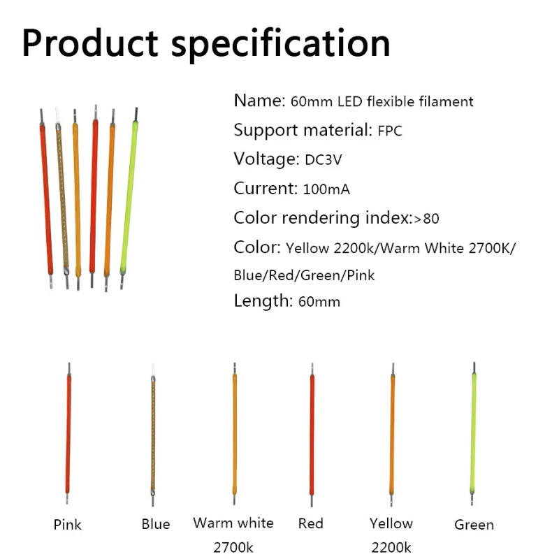 Description Picture 4 of item5pcs DC3V 60mm Retro Edison Bulb Led Chip Filament Cob Flexible Filament DIY Lamp Parts Diode Incandescent Light Accessories