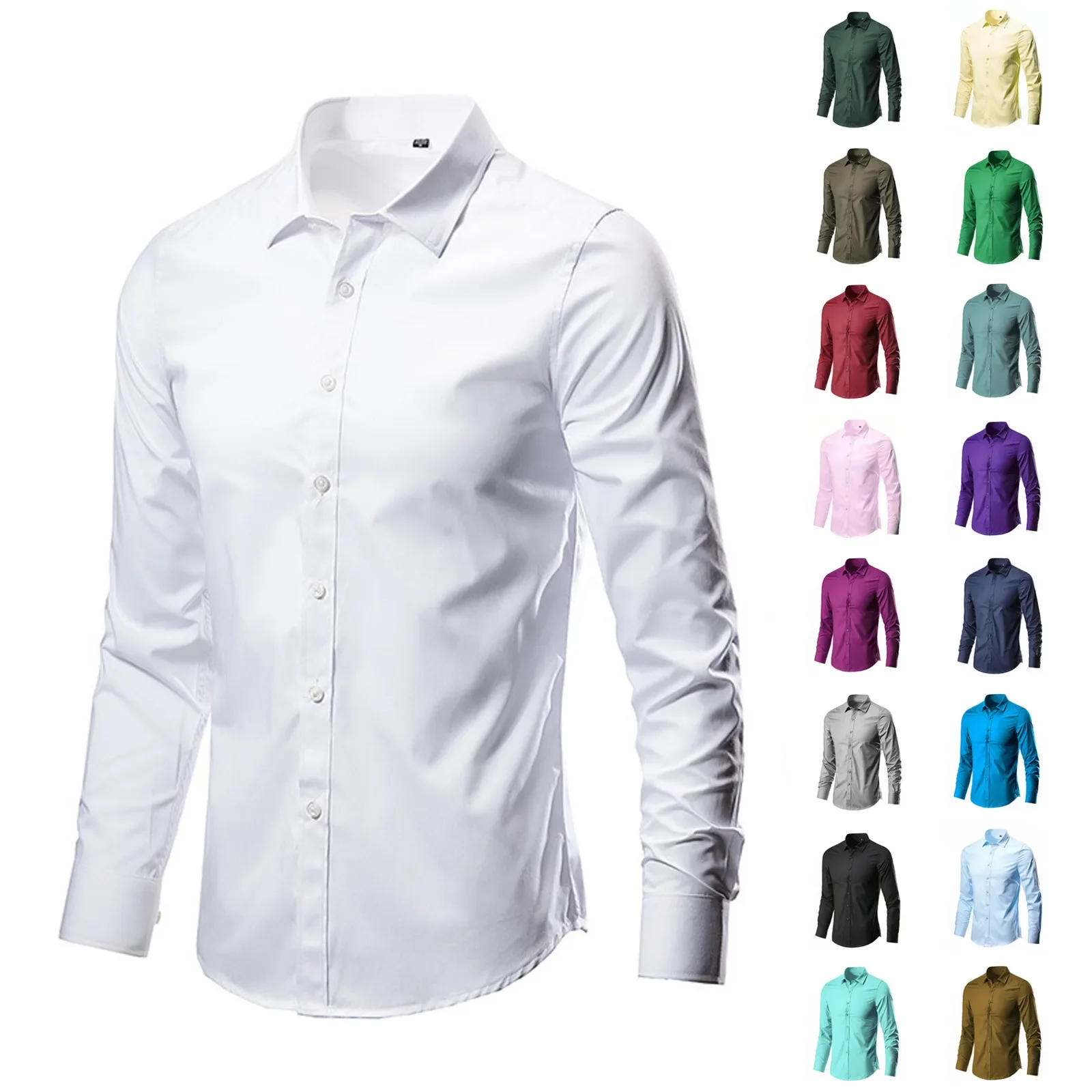 Description Picture 2 of itemMens Elastic White Dress Shirts Slim Fit Long Sleeve Button Down Formal Business Shirt Men Easy Care Non-Iron Chemise Homme 4XL