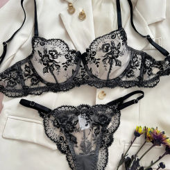 Yimunancy Floral Embroidery Lingerie Set Women Sheer Bra + Brief Underwear Set Back Sexy Intimates