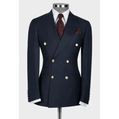 Navy Blue Mens Wedding Suits Tuxedo Two Double Breasted with Gold Button Blazer+Pants Male Blazer Formal Party Clothing for Men