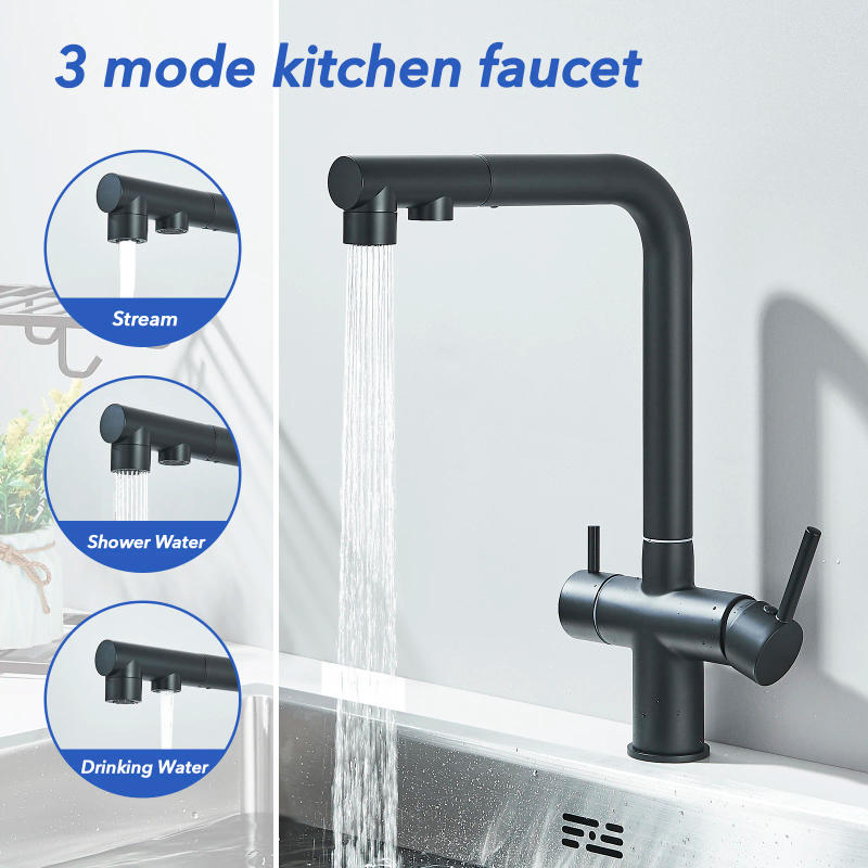 Description Picture 5 of itemMatte Black Pulling Filter Kitchen Faucet Hot & Cold Water Mixer Dual Mode Filtration Purification Kitchen Sinks 360 Rotation