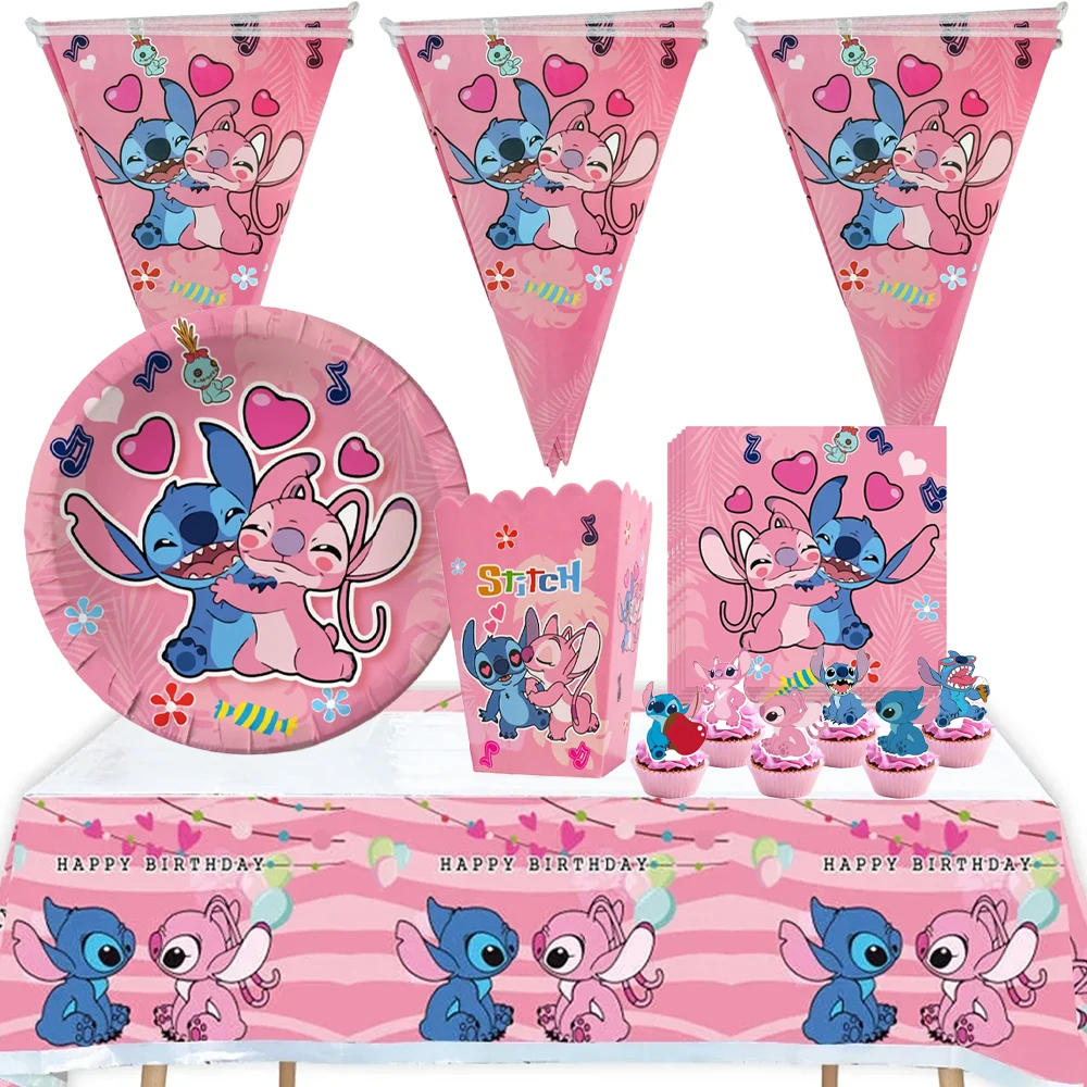 Description Picture 2 of itemIconic Brand Lilo Stitch Pink Angel  Birthday Party Disposable Party Tableware Set Baby Shower Wedding Party Decoration Supplies