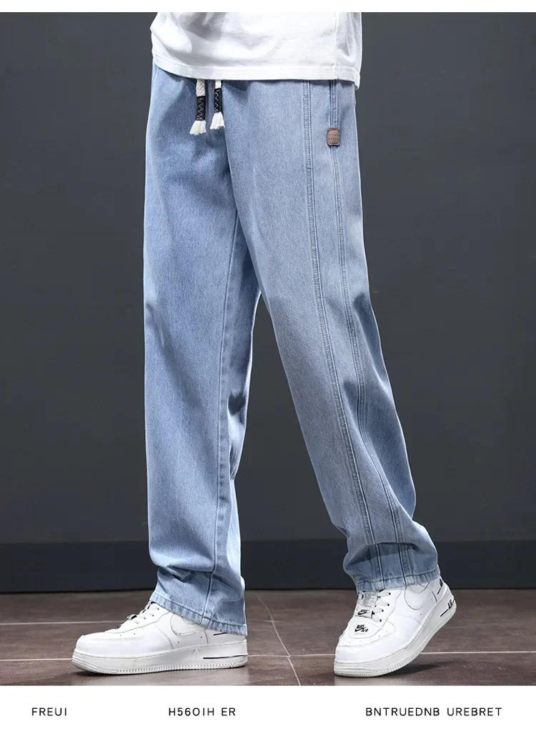Description Picture 6 of item2024 New Lace Elastic Waist Jeans Men Loose Thin Material Wide Legged Mens Pants Light Blue Straight Leg Male Clothing
