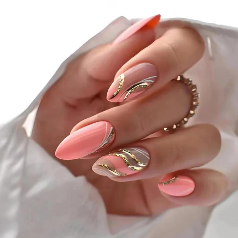 Description Picture 2 of item24Pcs Finished False Nails Detachable Long Almond Fake Fingernails French Pink Wave Line Designs Press on Nails Manicure Tips