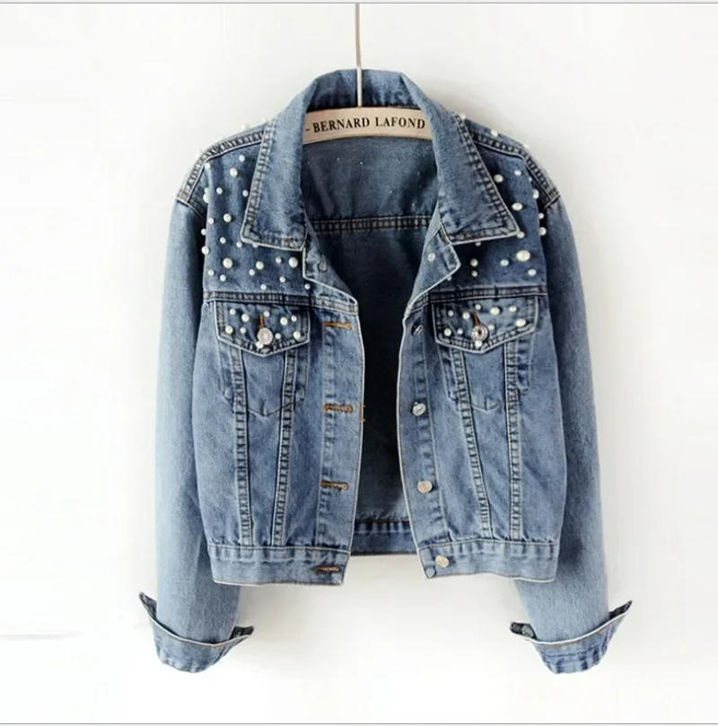 Description Picture 3 of item2024 New Denim Jacket Women's Short Denim Jacket Beaded Pearl Jacket Loose Spring and Autumn