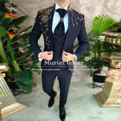 Navy Blue Suits Men For Wedding Gold Beaded Gem Jacket Vest Pants 3 Pieces Groom Tuxedos Slim Fit Formal Party Boyfriend Clothes