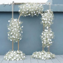 Luxury White Rose Babysbreath Artificial Flower Row Wedding Backdrop Arch Decor Hang Floral Arrangement Event Party Photo Props