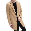 Windproof Coat Wool Coat Men's Solid Color Lapel Mid Length Coat for Fall Winter Single-breasted Business Formal Style Cardigan