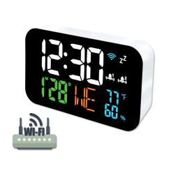 Digital Alarm Clock WIFI Synchronized Time TEMP Humidity Date 2 Alarms Unlimited Snooze Table Clock 12/24H USB Powered LED Clock