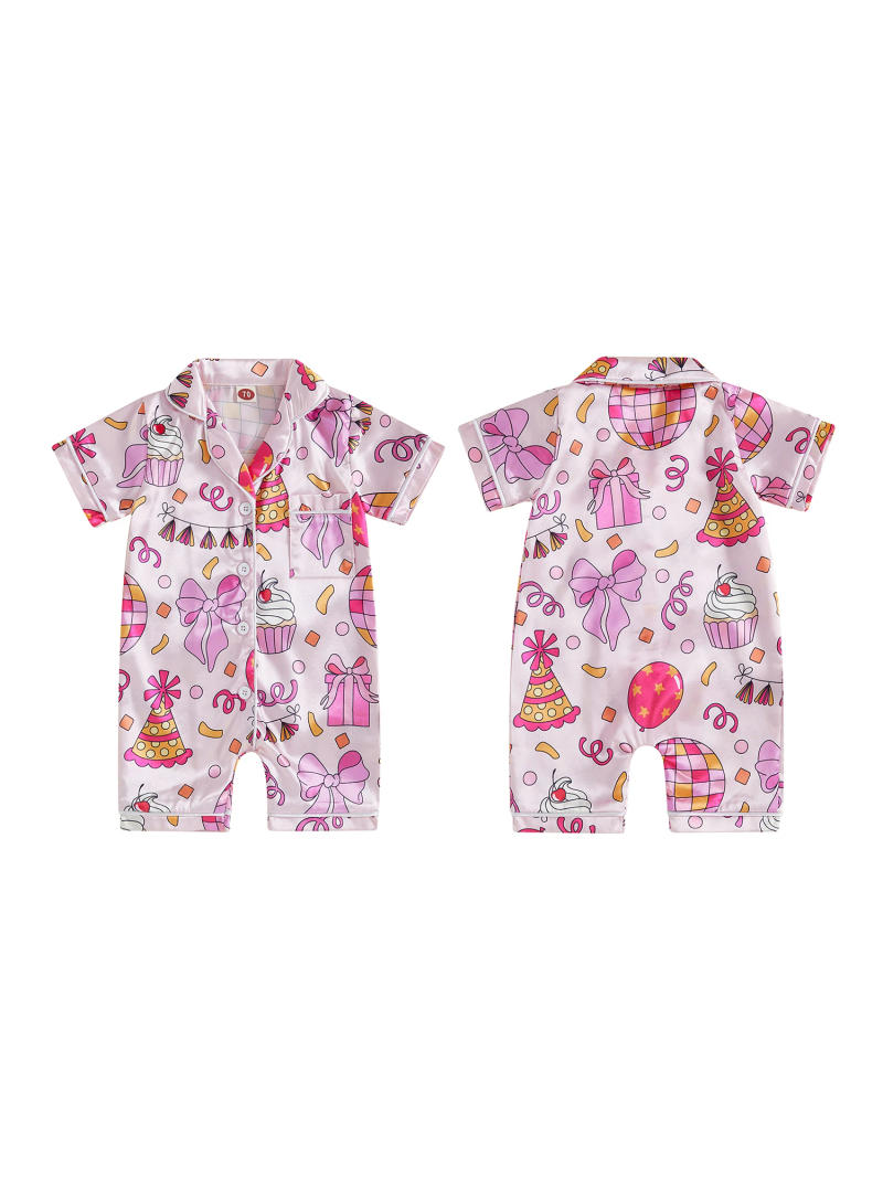 Description Picture 3 of itemBaby Girls Birthday Pajamas Short Sleeve Bow Cake Print Button Closure Jumpsuit Sleepwear Loungewear
