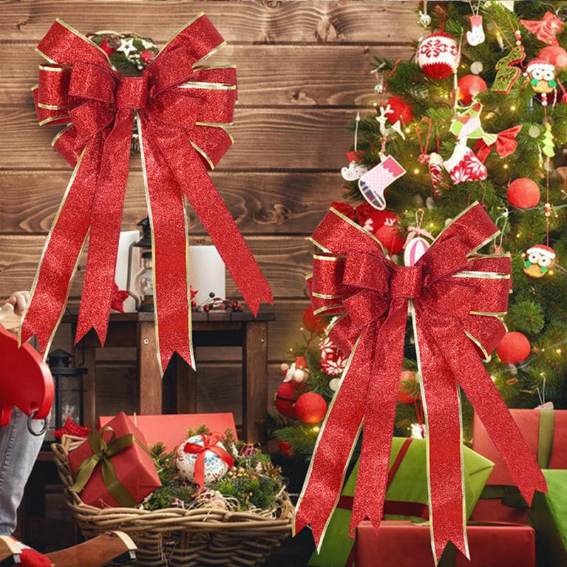 Description Picture 3 of item40*24cm Double Layer Large Christmas Bow Christmas Tree Topper Bow with Glitter Gold Edge Decor for Xmas Door MapleLeaf Bow Deco