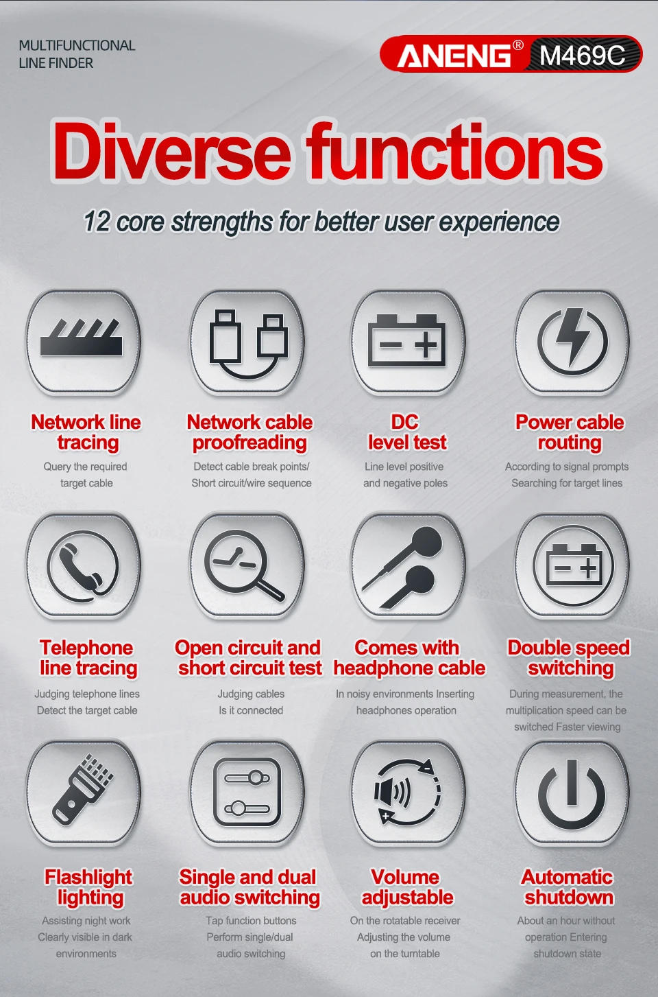 Description Picture 4 of itemANENG M469C Multifunction Network Cable Finder Networking Tool RJ45 RJ11 LAN Cable Tester Trace Measure Network Repair Analyzers