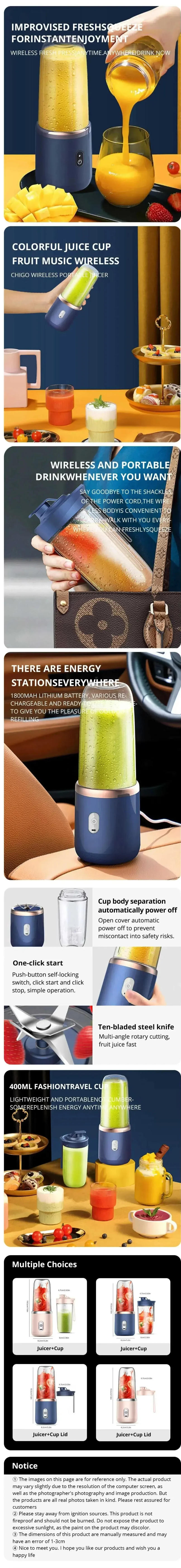 Description Picture 2 of item1/2 pc Blue/Pink Portable Small Electric Juicer Stainless Steel Blade Cup Juicer Fruit Automatic Smoothie Blender Kitchen Tool