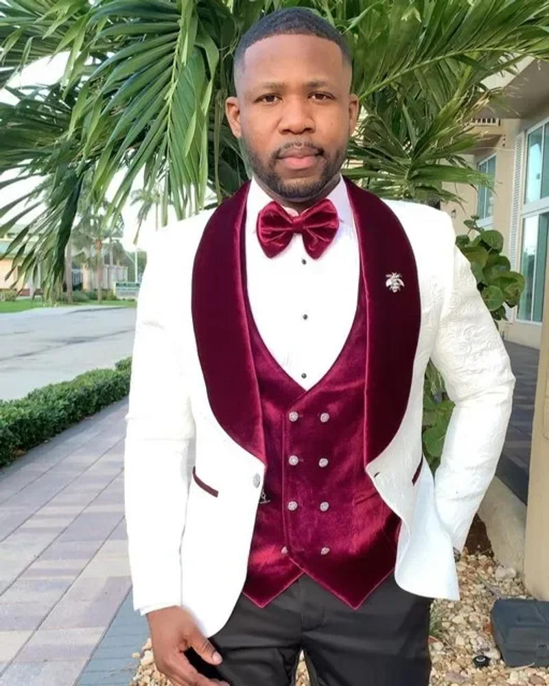 Description Picture 3 of itemBurgundy Velvet Vest With Pattern Men Suit Groom Wedding Prom Terno Masculino Slim Fit Blazer For Man 3 Pieces Costume Homme