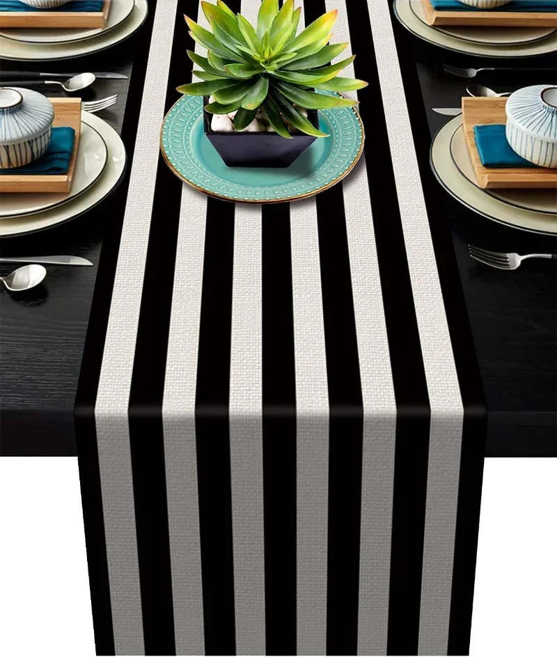 Description Picture 2 of itemNew Geometric Linen Striped Table Runner Modern Minimalist Black and White Plaid Tablecloth Placemat Home Decoration Tea Flag