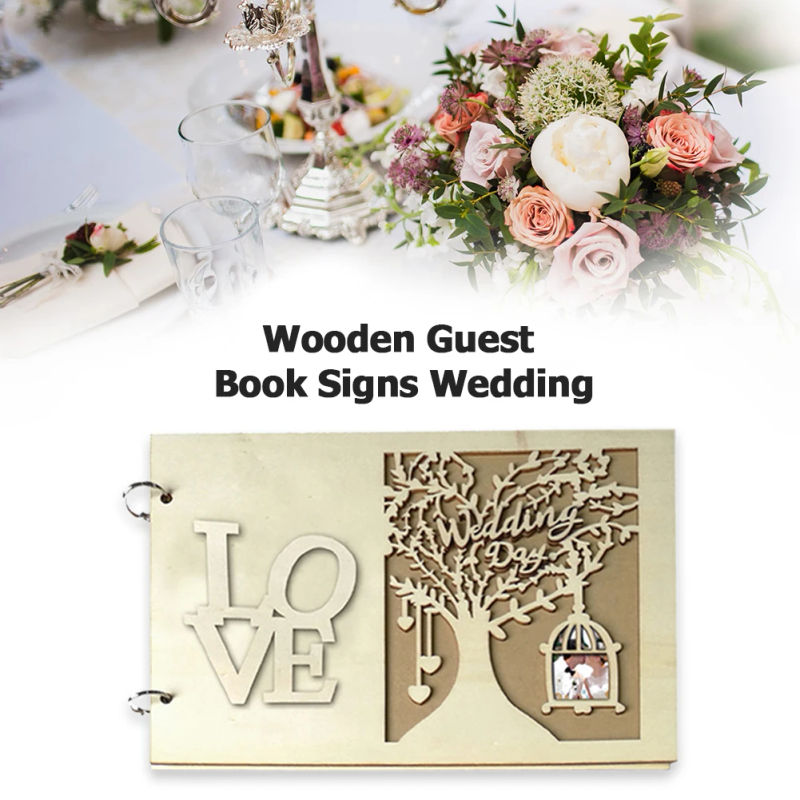 Description Picture 5 of itemWedding Guest Book Wooden Heart Hollow Engagement Guestbook Name Sign Board 20 Inside Pages Log Color Good-Looking Appearance