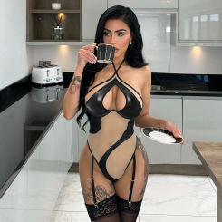 Women's Sexy Mesh PU Leather Splicing Perspective Slim New Hanging Neck Peach Jumpsuit Women Rompers Clothing Body Suits